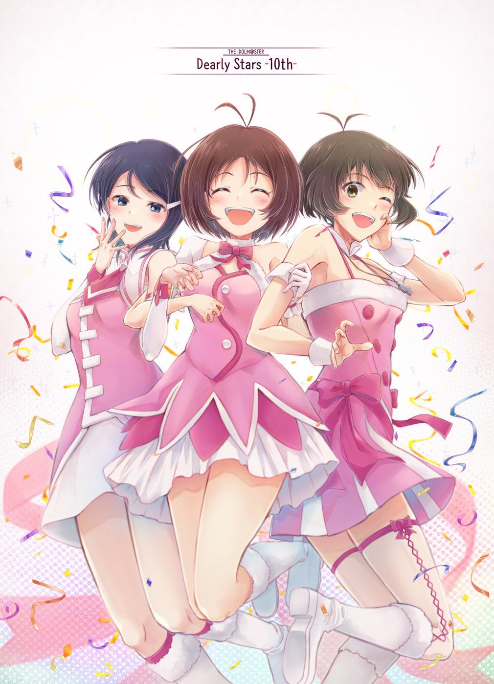 1boy 2girls akizuki_ryo antenna_hair arigato_(rmskrtkdlqj) asymmetrical_sleeves bare_shoulders blue_eyes blue_hair blush boots bow bowtie breasts brown_eyes brown_hair closed_eyes collar collarbone confetti crossdressing cute_&amp;_girly_(idolmaster) dearly_stars_(idolmaster) detached_collar detached_sleeves dot_nose dress dress_bow frilled_skirt frills fur-trimmed_dress fur_trim gloves gradient_background hair_ornament hairclip halftone hands_up hidaka_ai highres holding_another's_arm idolmaster idolmaster_dearly_stars jewelry jumping knee_boots leg_up medium_breasts mizutani_eri multiple_girls necklace necktie off-shoulder_dress off_shoulder one_eye_closed open_hand open_mouth otoko_no_ko pink_bow pink_bowtie pink_dress pink_necktie pink_shirt pink_trim ribbon-trimmed_thighhighs see-through_thighhighs shirt shoe_soles short_hair single_bare_shoulder single_glove skirt sleeveless sleeveless_dress smile standing standing_on_one_leg teeth upper_teeth_only white_background white_collar white_footwear white_gloves white_skirt white_sleeves white_wrist_cuffs wrist_cuffs