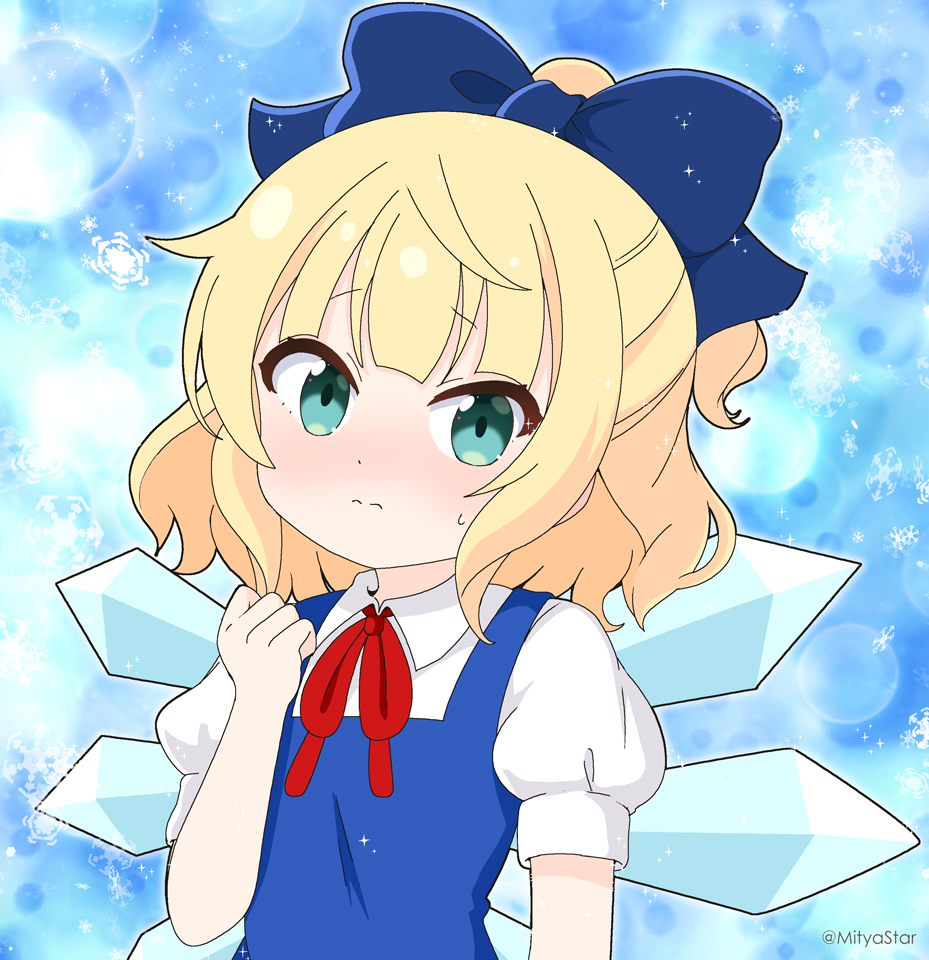 1girl blue_background blue_bow blue_dress blue_wings blush bow cirno cirno_(cosplay) closed_mouth collared_shirt commentary_request cosplay dress gochuumon_wa_usagi_desu_ka? green_eyes hair_bow hand_up ice ice_wings kirima_syaro looking_at_viewer mitya neck_ribbon ponytail puffy_short_sleeves puffy_sleeves red_ribbon revision ribbon shirt short_sleeves sleeveless sleeveless_dress snowflakes solo sweat touhou twitter_username wavy_mouth white_shirt wings