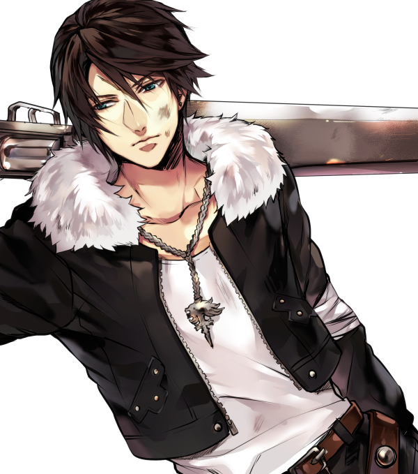 1boy arm_up bandaged_arm bandages belt black_jacket black_pants blue_eyes brown_hair chain_necklace commentary cropped_jacket dirty dirty_face dutch_angle earrings expressionless final_fantasy final_fantasy_viii fur-trimmed_jacket fur_trim gunblade holding holding_sword holding_weapon jacket jewelry leather_belt male_focus multiple_belts necklace open_clothes open_jacket over_shoulder pants scar scar_on_face scar_on_forehead shirt solo squall_leonhart stud_earrings studded_belt sword tama_(tmfy5) upper_body weapon weapon_over_shoulder white_fur white_shirt