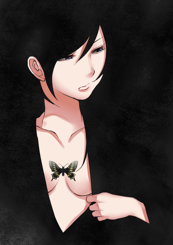 1girl black_eyes black_hair blending breasts bug butterfly chagataaa cleavage clothes_tug collarbone commentary_request frown looking_to_the_side medium_breasts original plunging_neckline solo upper_body