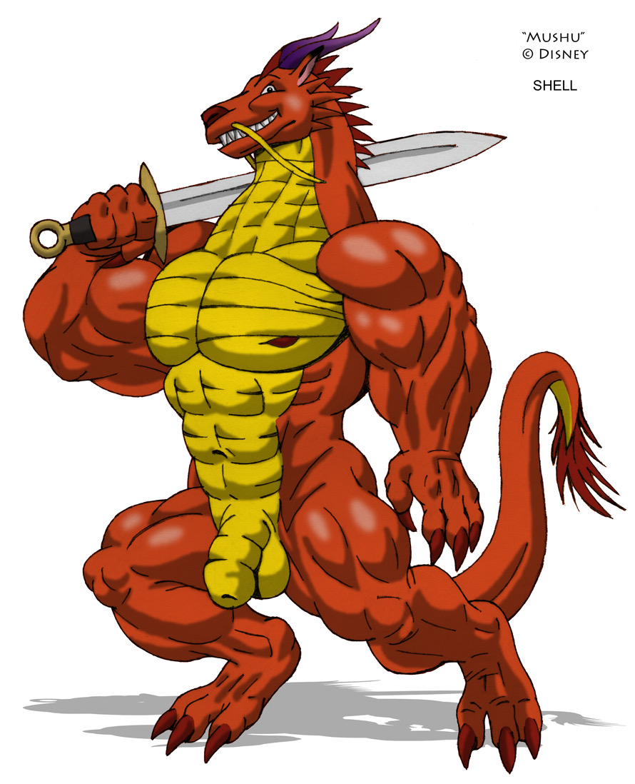 anthro balls barbel_(anatomy) big_muscles claws disney dragon eastern_dragon flaccid flesh_whiskers genitals grin horn jay_shell looking_at_viewer male melee_weapon mulan_(1998) muscular mushu_(disney) nipples nude pecs penis scalie smile solo sword weapon