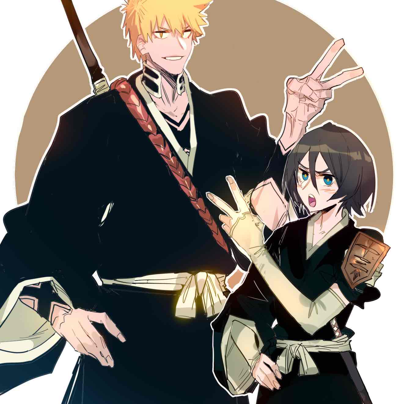 1boy 1girl badge black_hair black_kimono bleach blue_eyes blush chinese_commentary commentary_request detached_sleeves fukutaichou_badge grin hair_between_eyes hand_on_own_hip highres japanese_clothes kimono kuchiki_rukia kurosaki_ichigo lonely_(3296659205) obi open_mouth orange_eyes orange_hair sash shihakusho shinigami simple_background smile teeth upper_teeth_only v weapon weapon_on_back white_sash wide_sleeves