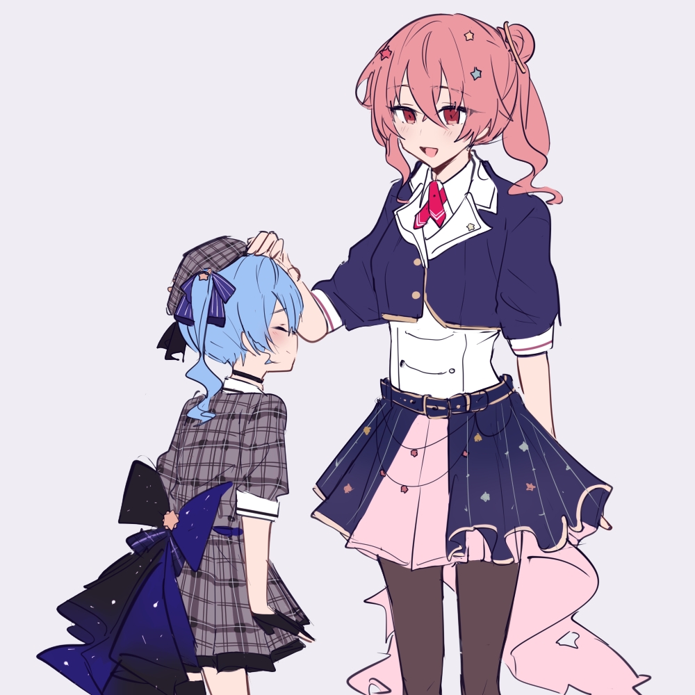 2girls age_difference age_regression aged_down anemachi belt beret blue_hair blue_jacket blush choker closed_eyes english_commentary gloves grey_background grey_headwear hair_bun hat headpat hololive hoshimachi_suisei hoshimachi_suisei_(1st_costume) jacket kurikaeshi_yuri long_hair multiple_girls open_mouth partially_fingerless_gloves pink_hair plaid plaid_headwear plaid_jacket plaid_skirt red_eyes ribbon siblings side_ponytail single_hair_bun single_thighhigh sisters skirt smile star_(symbol) thighhighs virtual_youtuber