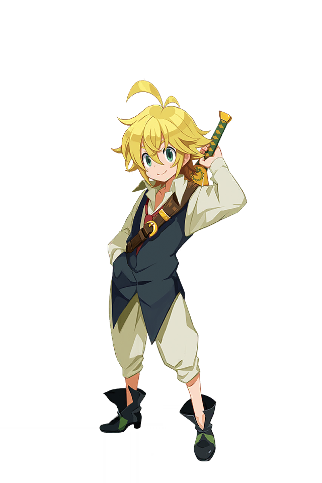 1boy antenna_hair blonde_hair collared_shirt disgaea disgaea_rpg full_body green_eyes hair_between_eyes hand_in_pocket looking_at_viewer male_focus meliodas nanatsu_no_taizai necktie official_art red_necktie shirt shoes smile transparent_background