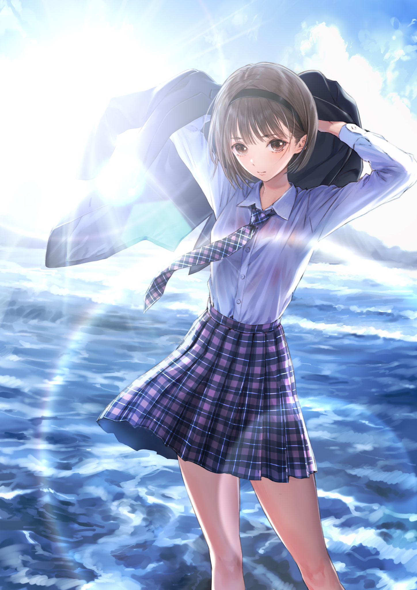 1girl backlighting blue_reflection blue_reflection_tie bra breasts brown_eyes brown_hair collared_shirt expressionless hairband highres holding holding_clothes holding_jacket hoshizaki_ao jacket kishida_mel looking_at_viewer necktie outdoors see-through shirt short_hair skirt sky small_breasts solo sun sunlight underwear unworn_jacket water
