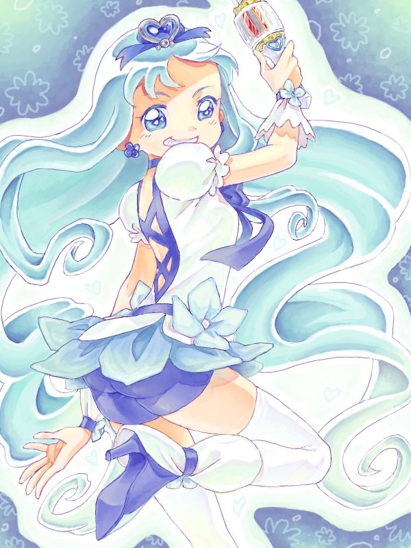 1girl aqua_hair aqua_skirt arm_up ass bad_drawr_id bad_id blue_background blue_bow blue_bowtie blue_eyes blue_footwear blue_gemstone blue_shorts bow bowtie breasts cure_marine curly_hair dress earrings flower_earrings gem green_background grin headpiece heartcatch_precure! heel_up high_heels holding holding_wand itsuki_(otsugei) jewelry kurumi_erika long_hair looking_at_viewer oekaki outline precure puffy_short_sleeves puffy_sleeves short_sleeves shorts skirt small_breasts smile solo standing standing_on_one_leg thighhighs two-tone_background wand white_dress white_outline white_thighhighs