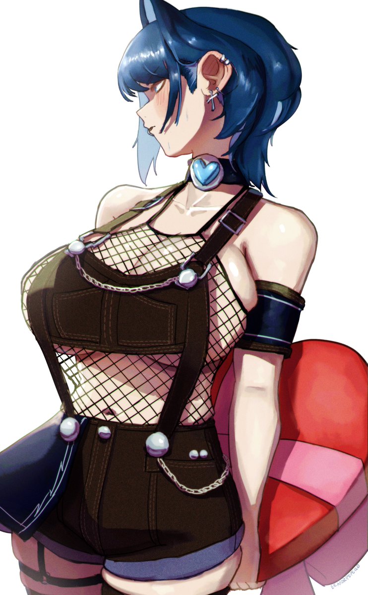 1girl alternate_costume armlet bare_shoulders black_overalls blue_eyes blue_hair blush breasts cleavage cross cross_earrings earrings erasorpepero fishnets garter_straps hair_intakes hololive hololive_english jewelry large_breasts navel ouro_kronii overalls solo thigh_strap underboob virtual_youtuber white_background