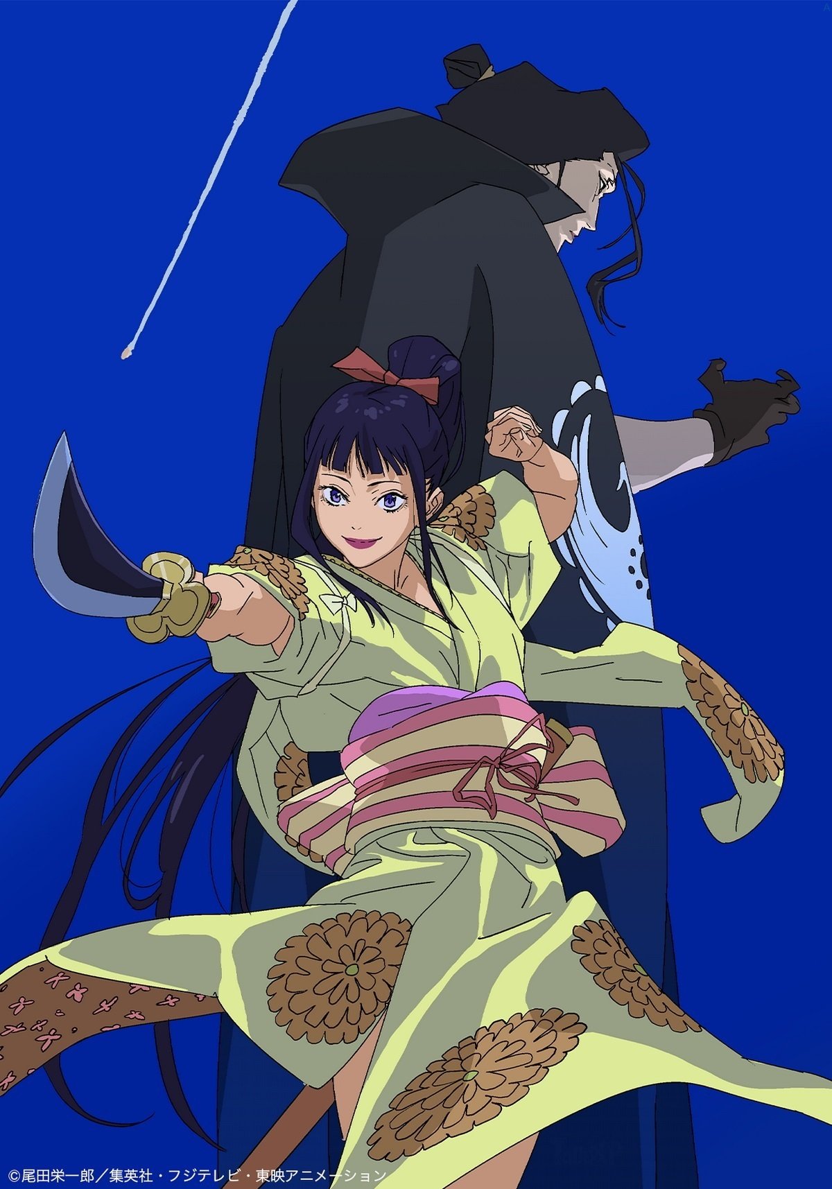 2boys arms_up back black_coat black_gloves blue_background blunt_bangs coat english_commentary floral_print_kimono gloves hair_bun hair_ribbon high_ponytail highres holding holding_sword holding_weapon izou_(one_piece) japanese_clothes kikunojo_(one_piece) kimono kojima_takashi male_focus multiple_boys obi one_piece red_ribbon ribbon sash sidelocks smile sword third-party_source weapon yellow_kimono