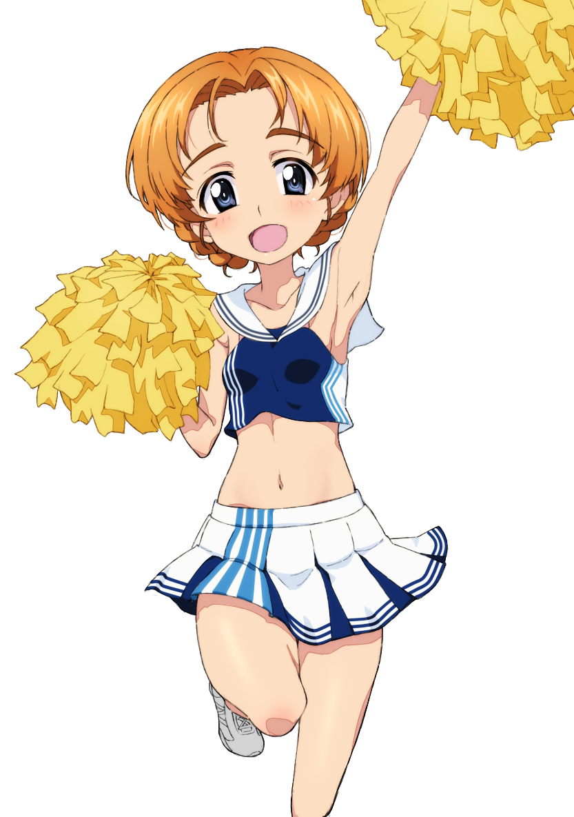 1girl arm_up armpits blue_eyes blue_shirt blue_skirt braid cheerleader commentary_request commission girls_und_panzer holding holding_pom_poms kayabakoro lawson leg_up looking_at_viewer midriff miniskirt navel official_alternate_costume open_mouth orange_hair orange_pekoe_(girls_und_panzer) partial_commentary pixiv_commission pleated_skirt pom_pom_(cheerleading) sailor_collar shirt shoes short_hair simple_background skirt sleeveless sleeveless_shirt smile sneakers solo standing standing_on_one_leg twin_braids two-tone_skirt white_background white_footwear white_sailor_collar white_skirt