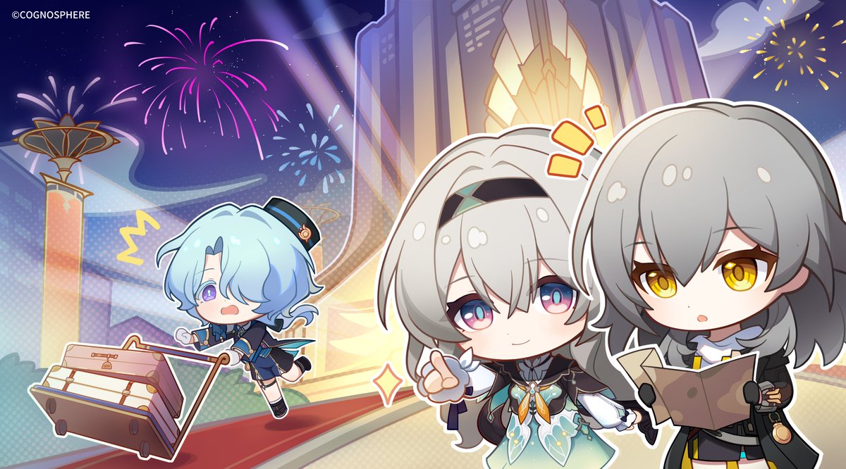 1boy 2girls aqua_skirt black_gloves black_hairband brown_jacket closed_mouth cropped_jacket firefly_(honkai:_star_rail) fireworks gloves grey_hair hairband holding holding_map honkai:_star_rail honkai_(series) hotel in-universe_location jacket long_hair long_sleeves map misha_(honkai:_star_rail) multiple_girls official_art open_mouth pointing purple_eyes red_carpet shirt skirt smile stelle_(honkai:_star_rail) tower trailblazer_(honkai:_star_rail) translation_request tripping white_shirt yellow_eyes