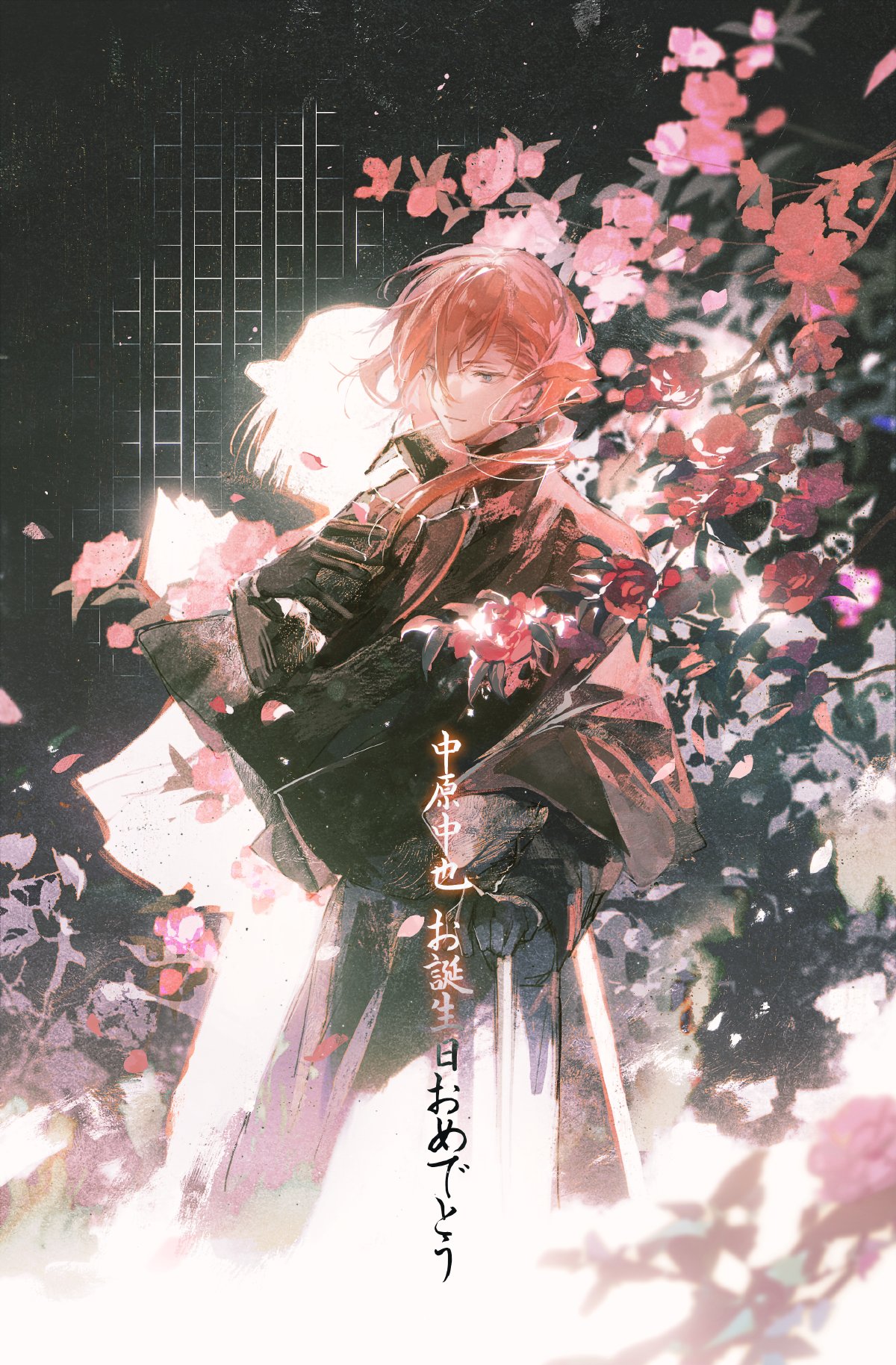 1boy 1other black_background black_gloves black_kimono blurry branch bungou_stray_dogs character_request closed_mouth cui_(jidanhaidaitang) depth_of_field falling_petals flower gloves grey_eyes hair_over_one_eye hand_up highres japanese_clothes kimono leaf light_particles male_focus nakahara_chuuya petals red_flower red_hair red_rose rose short_hair standing
