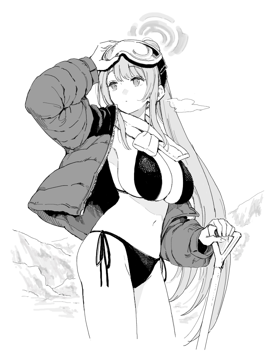 1girl bikini blue_archive breasts closed_mouth commentary_request eimi_(blue_archive) eimi_(swimsuit)_(blue_archive) goggles goggles_on_head greyscale hiro_(chumo) holding holding_shovel jacket large_breasts long_hair long_sleeves looking_to_the_side monochrome navel official_alternate_costume open_clothes open_jacket ponytail shovel side-tie_bikini_bottom ski_goggles solo swimsuit very_long_hair