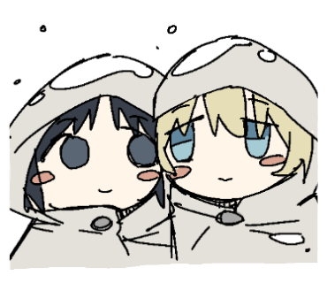 2girls black_eyes black_hair blonde_hair blue_eyes blush_stickers chito_(shoujo_shuumatsu_ryokou) closed_mouth coat grey_coat hood hood_up looking_at_another lowres multiple_girls portrait shoujo_shuumatsu_ryokou sideways_glance simple_background smile snow tareme transparent_background tsukumizu_yuu yuuri_(shoujo_shuumatsu_ryokou)