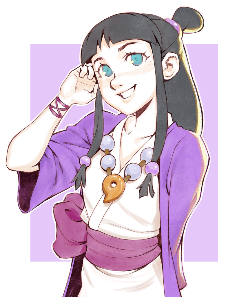 1girl ace_attorney arm_behind_back arm_up black_hair blue_eyes border commentary effy_neprin eyelashes jewelry long_hair low-tied_sidelocks magatama magatama_necklace maya_fey necklace outside_border purple_background simple_background smile solo teeth topknot white_border wide_sleeves