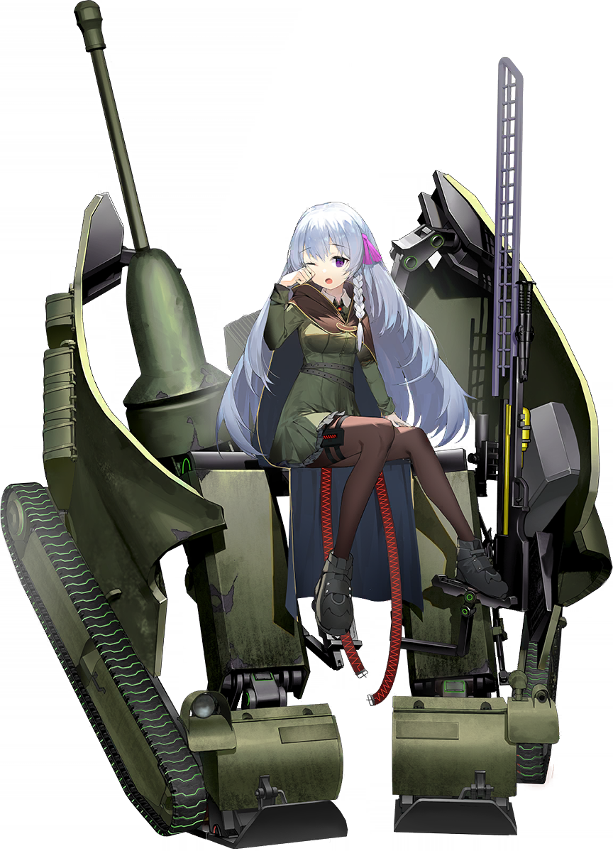 1girl ash_arms belt blue_hair braid breasts cannon character_request full_body hair_ornament long_hair looking_at_viewer marfusha mecha_musume medium_breasts official_art open_mouth pantyhose purple_eyes shoes side_braid sitting sleepy solo thigh_belt thigh_strap transparent_background uniform weapon