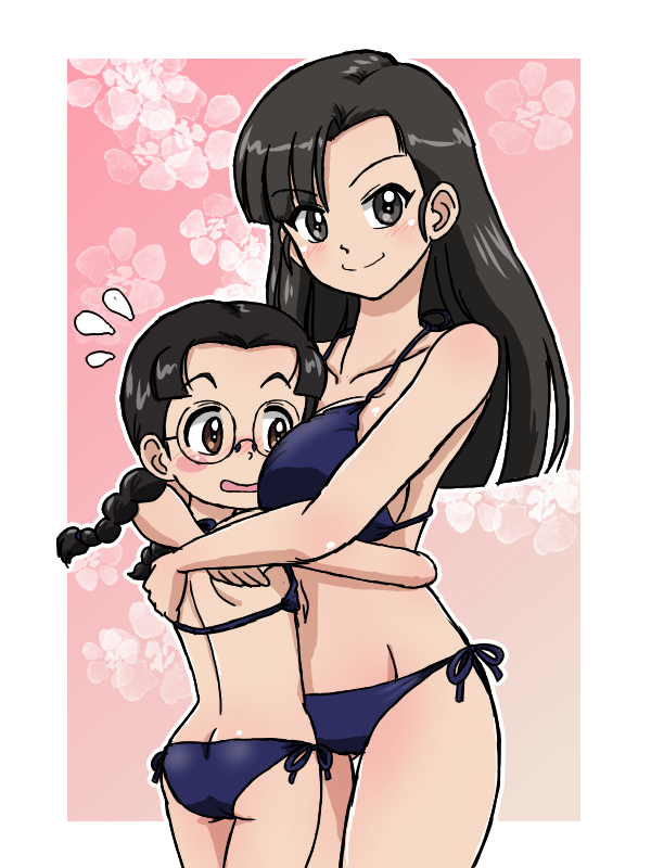 2girls ass bikini black_hair blue_bikini blush braid breasts brown_eyes butt_crack closed_mouth fukuda_haru girls_und_panzer glasses grey_eyes hug large_breasts long_hair looking_at_viewer multiple_girls navel nishi_kinuyo side-tie_bikini_bottom simple_background smile swimsuit takahashi_kurage twin_braids twintails yuri