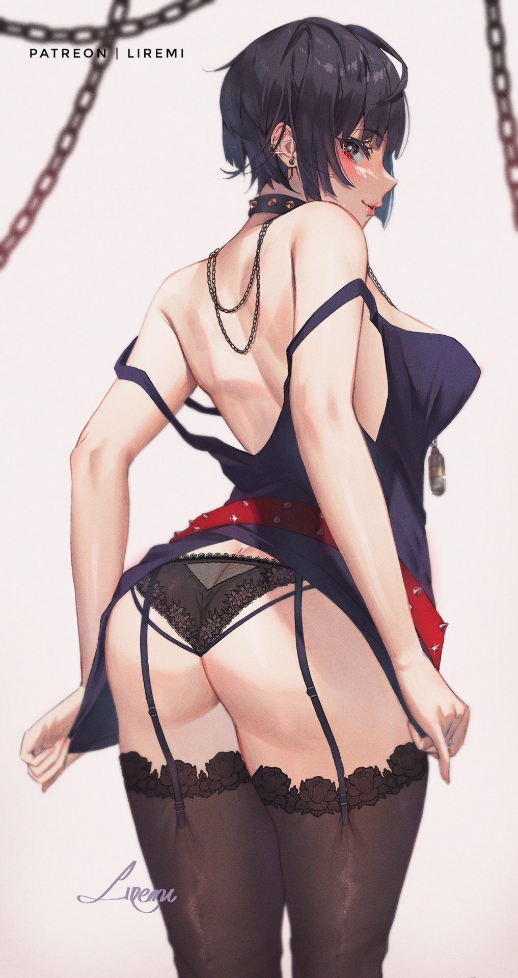 1girl ass back bare_arms black_hair black_panties black_tank_top black_thighhighs brown_background chain commentary cowboy_shot earrings english_commentary from_behind garter_straps highres jewelry lace-trimmed_panties lace-trimmed_thighhighs lace_trim liremi looking_at_viewer looking_back panties patreon_username persona persona_5 red_eyes short_hair signature solo takemi_tae tank_top thighhighs underwear