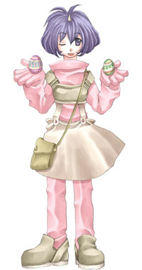 1girl alternate_costume bad_id bag bob_cut bodysuit brown_bag brown_footwear brown_skirt chest_guard easter_egg egg eiko_carol final_fantasy final_fantasy_ix full_body gloves hands_up happy holding holding_egg horns looking_at_viewer lowres one_eye_closed open_mouth pink_bodysuit pink_gloves purple_eyes purple_hair rendezvous shoes shoulder_bag simple_background single_horn skirt smile solo standing suspenders white_background