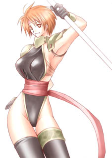 1girl arm_up armor armpits backless_leotard bad_id black_gloves black_leotard black_thighhighs breasts bright_pupils character_request copyright_request gloves happy holding holding_staff holding_weapon leotard lowres neck_armor orange_hair pauldrons red_eyes red_sash rendezvous sash short_hair shoulder_armor sideboob simple_background smile staff thighhighs upper_body weapon white_background