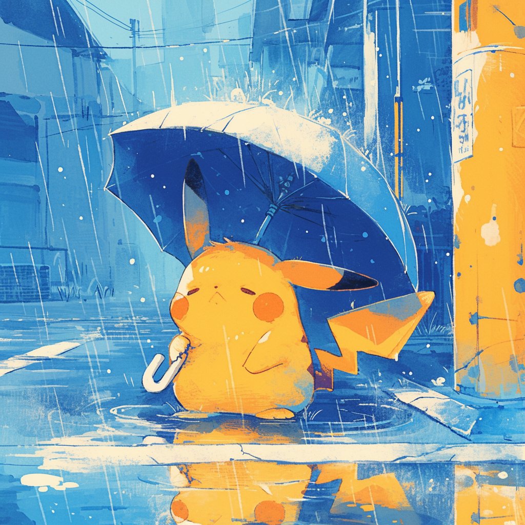 :&lt; blue_background blue_theme building city closed_eyes closed_mouth commentary english_commentary full_body holding holding_umbrella no_humans outdoors pikachu pokemon pokemon_(creature) power_lines puddle rain solo splashing standing tarte_(hodarake) umbrella utility_pole water