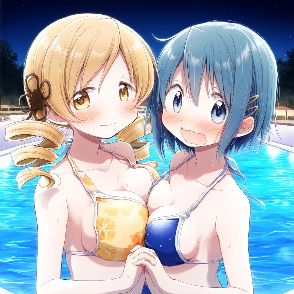 2girls :o ai-generated asymmetrical_docking bikini black_sky blonde_hair blue_bikini blue_eyes blue_hair blue_sky blush bob_cut breast_press breasts closed_mouth collarbone commentary drill_hair face-to-face floral_print gradient_sky hair_between_eyes hair_ornament hairclip holding_hands kwg large_breasts long_hair looking_at_viewer looking_to_the_side mahou_shoujo_madoka_magica mahou_shoujo_madoka_magica_(anime) medium_breasts miki_sayaka multiple_girls night night_sky open_mouth outdoors pool raised_eyebrows short_hair sideboob sky smile star_(sky) starry_sky swimsuit tomoe_mami tree twin_drills upper_body water wavy_mouth yellow_bikini yellow_eyes