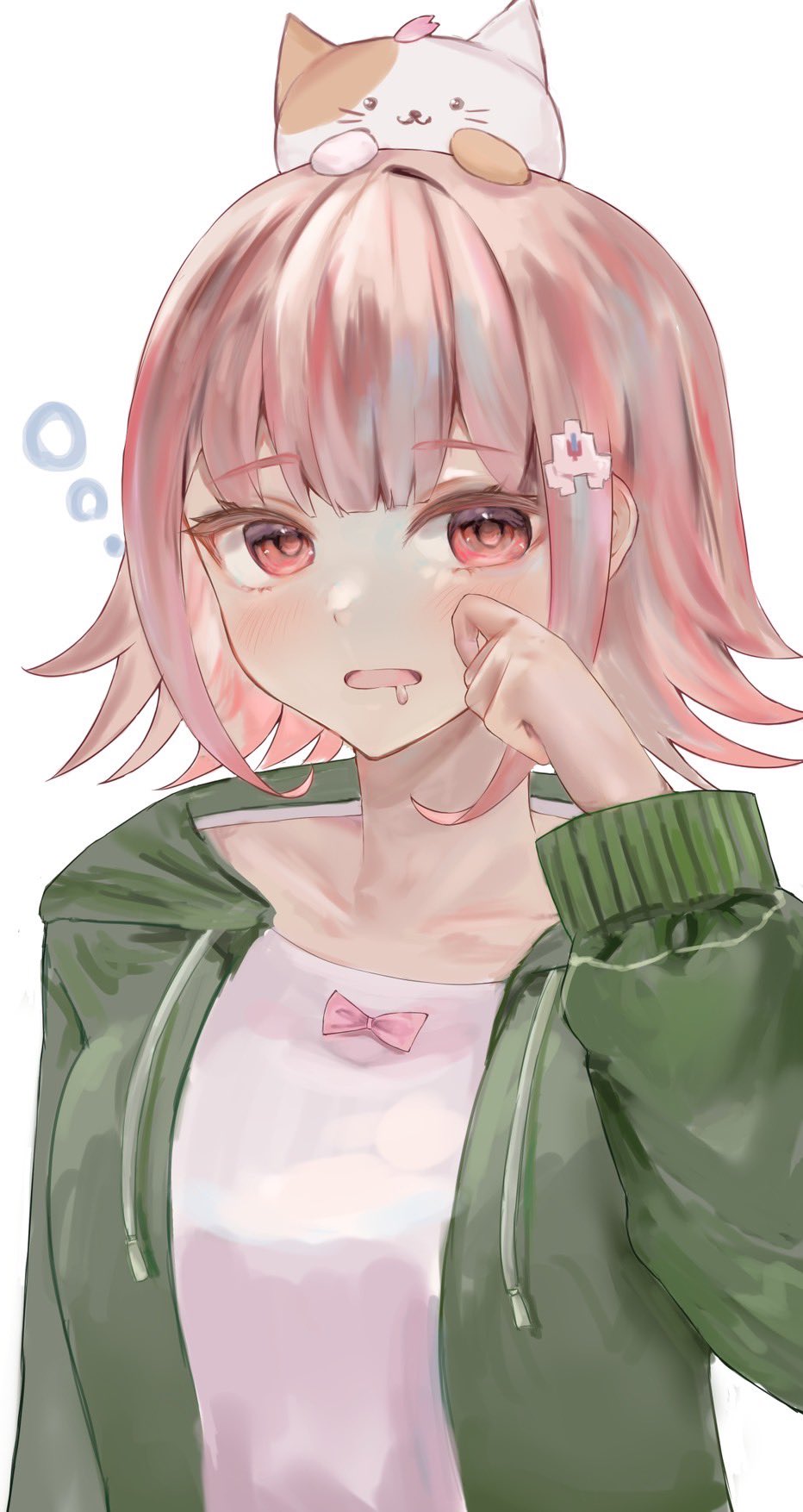 1girl animal animal_on_head cat cat_on_head collarbone d: danganronpa_(series) danganronpa_2:_goodbye_despair green_jacket hair_ornament hand_up highres jacket medium_hair naname_sirosiro nanami_chiaki on_head pink_eyes saliva shirt simple_background spaceship_hair_ornament upper_body white_background white_shirt