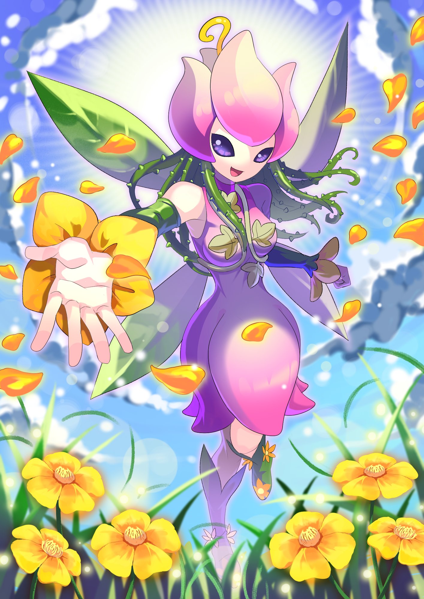 :d blue_sky digimon digimon_(creature) dress flower full_body highres lilimon outdoors outstretched_hand petals pink_dress plant_hair purple_yes shigarami_juju_(art) sky smile wings yellow_flower