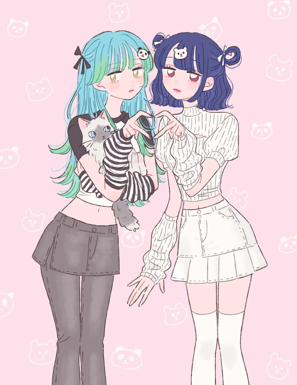 2girls animal aqua_hair arm_warmers black_ribbon black_shirt blue_hair blunt_bangs bright_pupils cat commentary_request crop_top detached_sleeves dog_hair_ornament gradient_hair green_hair grey_pants hair_ornament hair_ribbon heart heart_hands heart_hands_duo highres holding holding_animal holding_cat long_hair long_sleeves looking_at_viewer medium_hair midriff multicolored_hair multiple_girls navel original panda_hair_ornament pants pink_background pleated_skirt puffy_sleeves red_eyes ribbon rikuwo shirt short_sleeves simple_background skirt striped_sleeves sweater thighhighs turtleneck white_pupils white_shirt white_skirt white_sleeves white_sweater white_thighhighs yellow_eyes