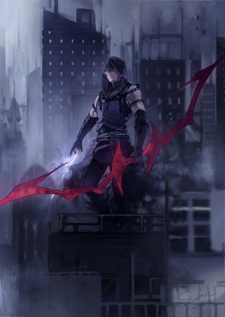 1boy alter_servant alternate_costume alternate_skin_color arash_(fate) armor arrow_(projectile) bangs black_gloves black_hair black_hood black_pants bow_(weapon) breastplate chain city cityscape closed_mouth corruption dark_persona dated expressionless fate/grand_order fate/prototype fate/prototype:_fragments_of_blue_and_silver fate_(series) gauntlets gloves glowing_arrow high_collar highres holding holding_bow_(weapon) holding_weapon hood hood_up looking_at_viewer male_focus pale_skin pants shatin_(pomelomcp) short_hair signature solo standing urban weapon yellow_eyes
