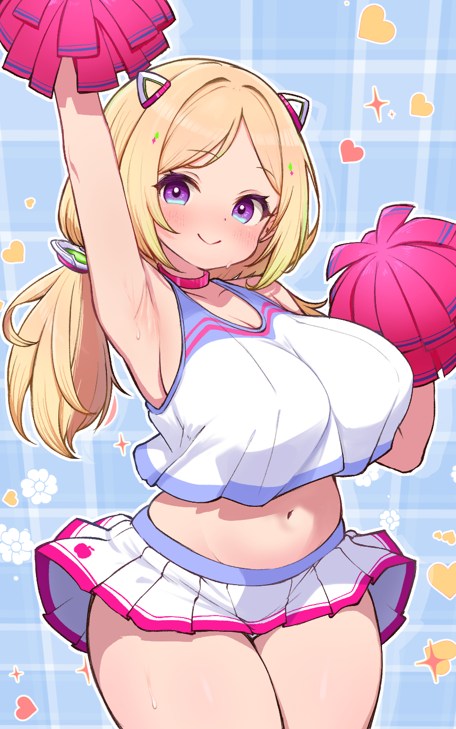 1girl aki_rosenthal alternate_costume apple_print arm_up armpits blonde_hair blue_background blush breasts cheerleader commentary_request cowboy_shot detached_hair floral_background hair_ornament heart heart_background highres hololive kani_bonara large_breasts looking_at_viewer microskirt navel pleated_skirt pom_pom_(clothes) purple_eyes skirt smile solo stomach virtual_youtuber white_skirt