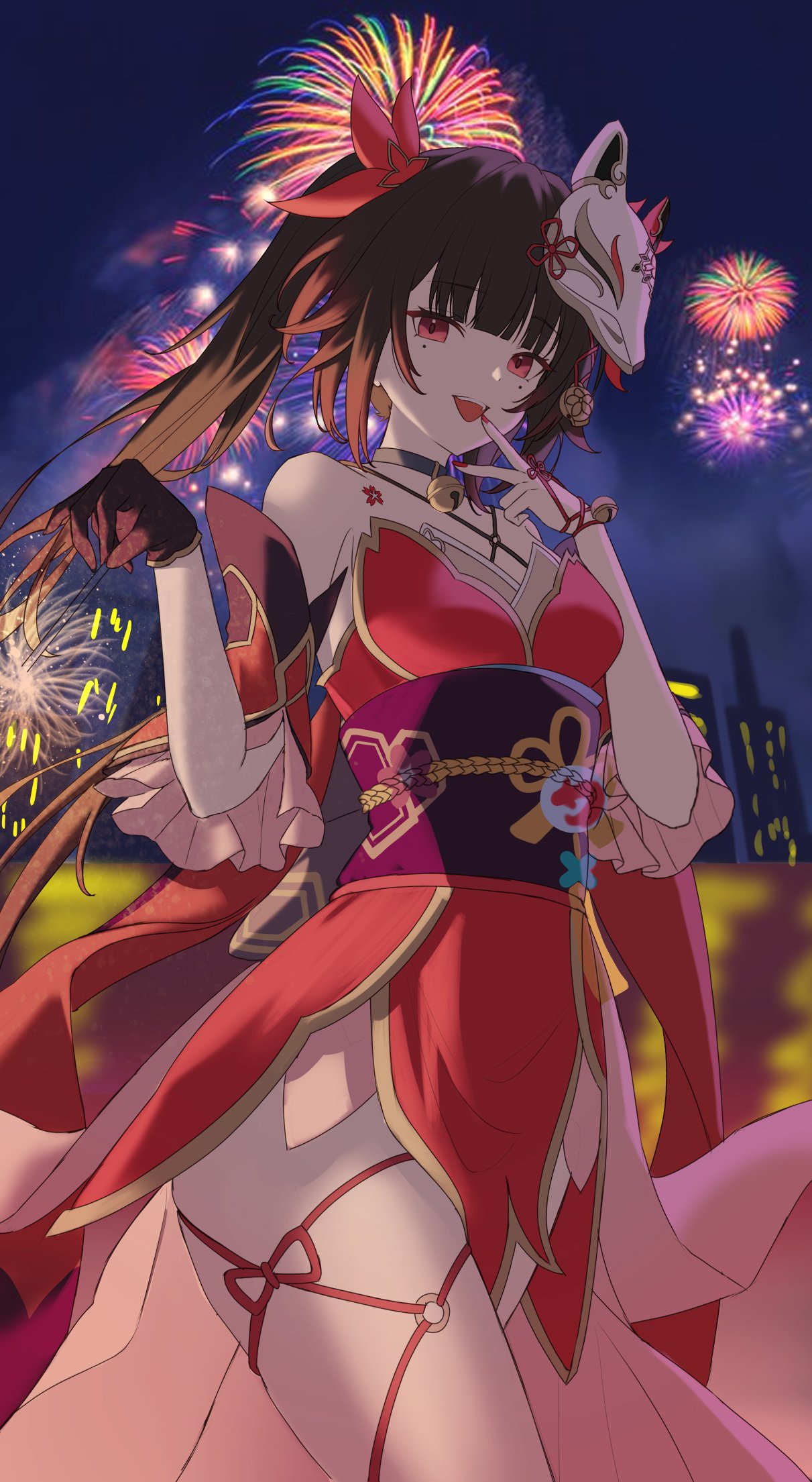 1girl :d bell black_choker black_gloves bow brown_hair building choker cowboy_shot criss-cross_halter dress fireworks fox_mask gloves hair_bow halterneck highres holding_fireworks honkai:_star_rail honkai_(series) legs_apart looking_at_viewer mask mask_on_head nail_polish neck_bell night o-ring obi open_mouth outdoors pelvic_curtain pink_eyes red_bow red_dress red_nails sash short_dress single_glove sleeveless sleeveless_dress smile solo sparkle_(honkai:_star_rail) sparkler teeth thighs twintails upper_teeth_only v_over_mouth xia_0328