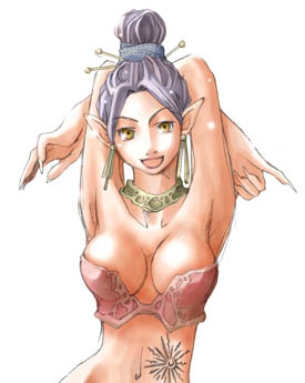 1girl armpits arms_behind_head arms_up bad_id black_hair breasts brown_eyes bustier character_request claws copyright_request crossed_arms earrings gold_choker green_tassel hair_bun hair_ornament hair_tie hairpin jewelry looking_at_viewer lowres multiple_hairpins navel pointy_ears red_bustier rendezvous smile solo source_request stomach_tattoo sun tassel tassel_earrings tattoo upper_body