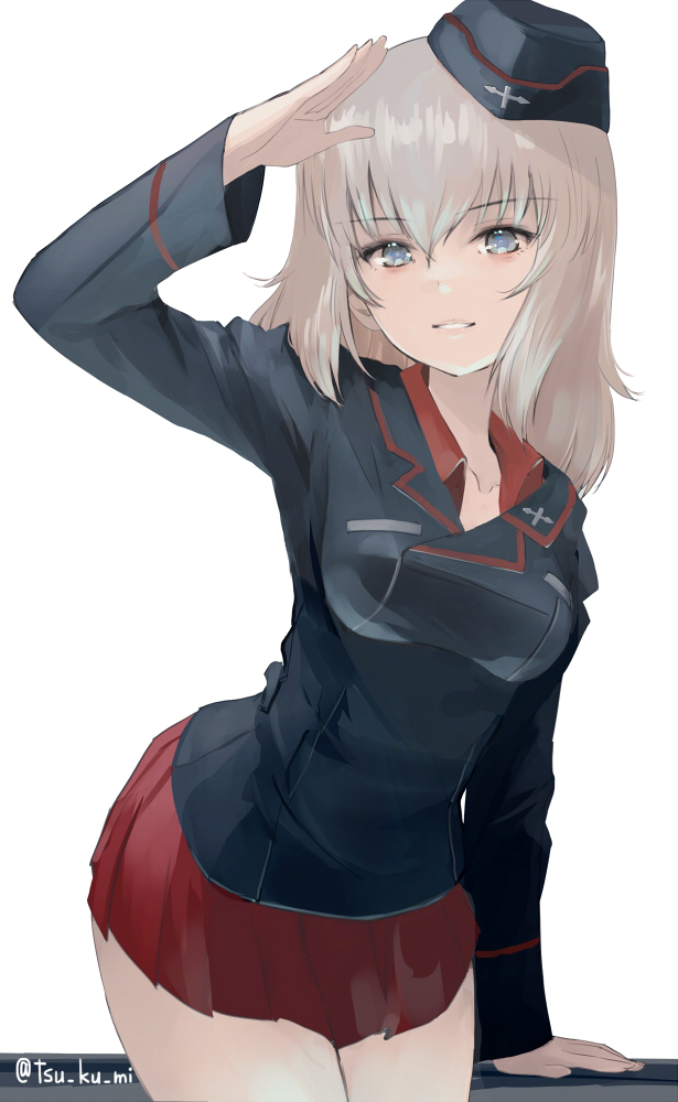 1girl black_jacket blonde_hair blue_eyes breasts collarbone commentary garrison_cap girls_und_panzer hand_on_table hat itsumi_erika jacket kuromorimine_military_uniform medium_hair red_shirt red_skirt salute shirt skirt solo thighs twitter_username yurikuta_tsukumi