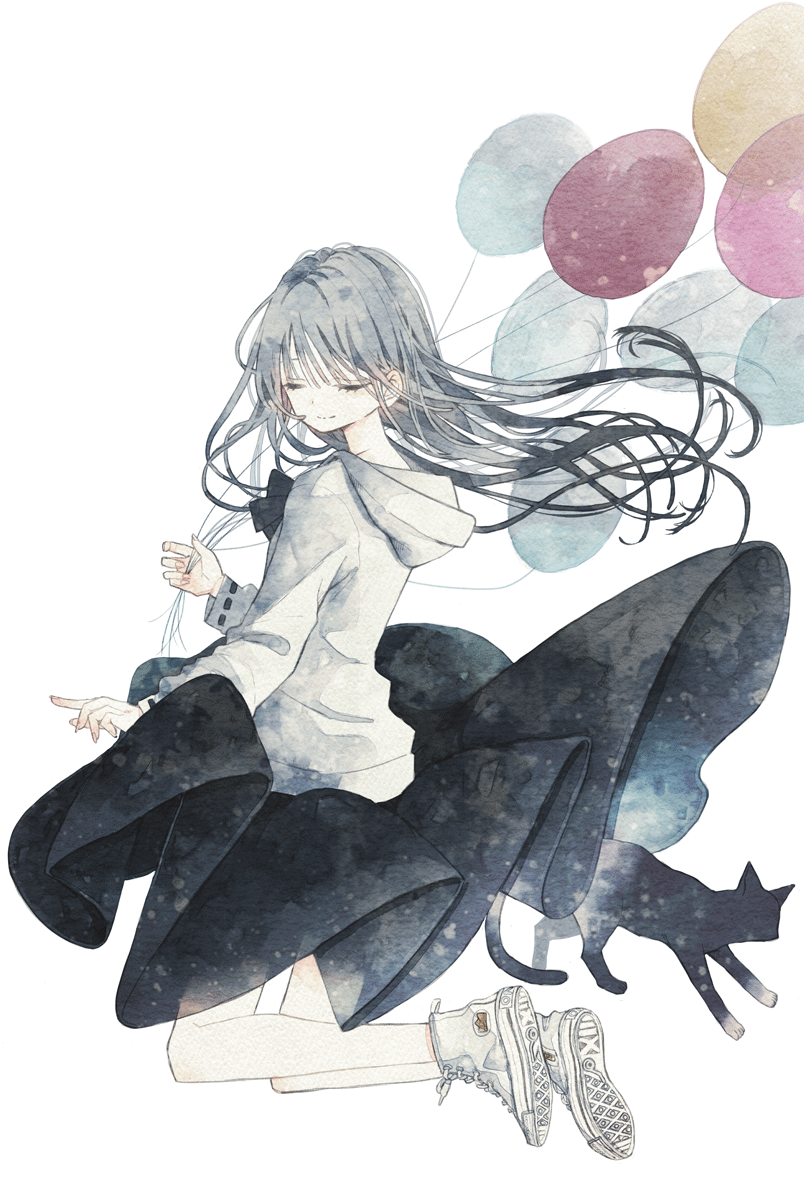 1girl balloon black_cat black_skirt cat closed_eyes closed_mouth converse floating full_body grey_hair highres holding holding_balloon hood hood_down hoodie long_hair long_sleeves original oseto_(oxxsexxto) painting_(medium) shoe_soles shoes simple_background skirt smile solo traditional_media watercolor_(medium) white_background white_footwear white_hoodie