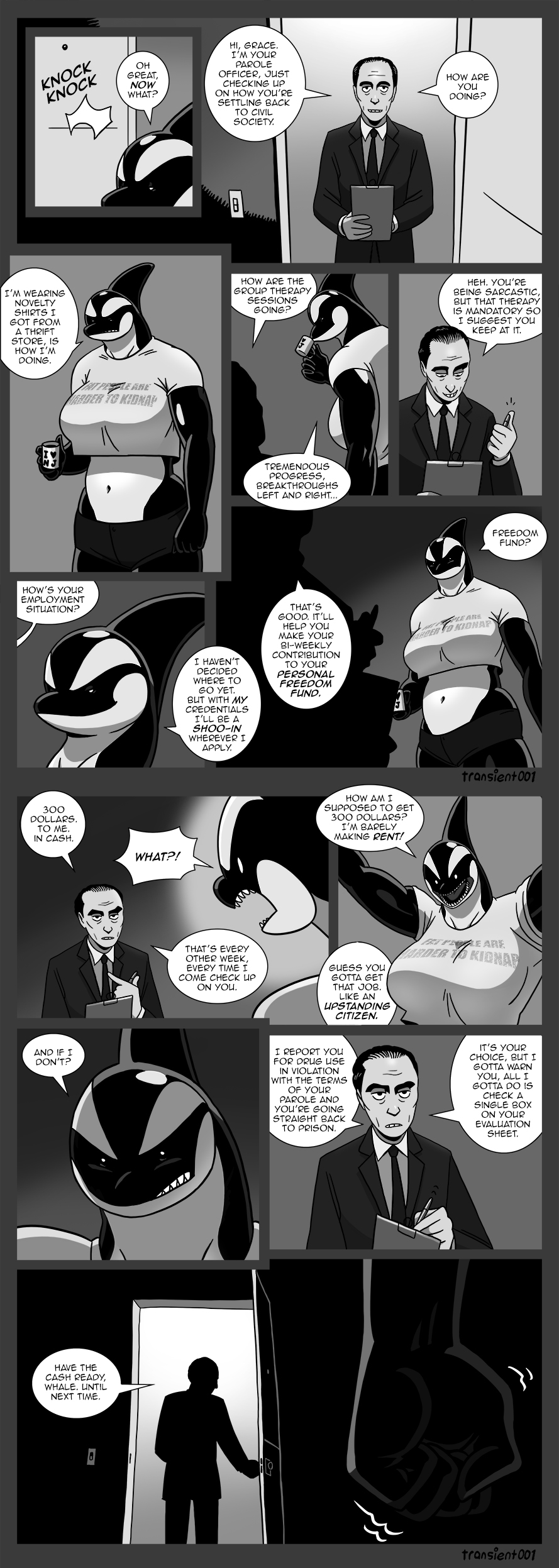 absurd_res angry anthro big_breasts big_butt breasts butt cetacean coffee_mug dc_comics dolphin duo english_text female fist hi_res human male mammal marine monochrome navel oceanic_dolphin open_mouth orca orca_(dc) sharp_teeth smile teeth text thick_thighs toothed_whale transient001 wide_hips
