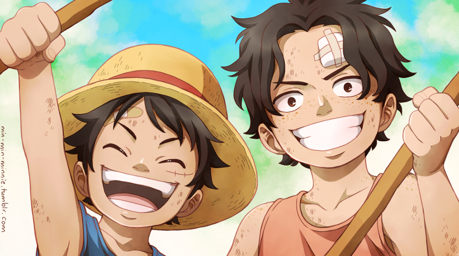 2boys ^_^ aged_down arm_up bandaid bandaid_on_face black_eyes black_hair blue_shirt child close-up closed_eyes derivative_work english_commentary freckles hat holding jasmine_(min-min-minnie) looking_at_viewer male_focus monkey_d._luffy multiple_boys one_piece open_mouth orange_shirt portgas_d._ace scar scar_on_face screencap_redraw shirt short_hair sky sleeveless sleeveless_shirt smile straw_hat tumblr_username