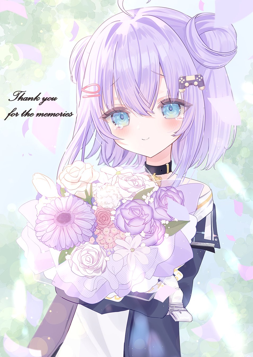 1girl ahoge artist_request belt_collar black_collar black_jacket blue_eyes bouquet closed_mouth collar confetti controller double_bun flower game_controller hair_bun hair_ornament hairclip highres holding holding_bouquet indie_virtual_youtuber jacket open_clothes open_jacket pink_flower pink_rose purple_flower purple_hair purple_rose rose second-party_source shirt shizukou smile solo tearing_up thank_you unzipped virtual_youtuber white_flower white_rose white_shirt