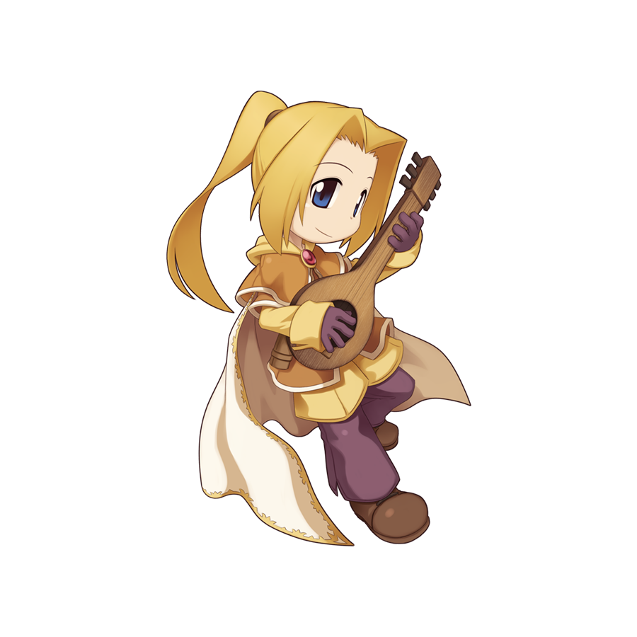 1boy bard_(ragnarok_online) belt blonde_hair blue_eyes brown_cape brown_footwear brown_gloves brown_pants brown_shirt cape chibi closed_mouth full_body gloves high_ponytail holding holding_instrument instrument layered_sleeves long_hair long_sleeves looking_at_viewer lute_(instrument) male_focus official_art pants pants_under_shorts parted_bangs ponytail ragnarok_online shirt shoes short_over_long_sleeves short_sleeves shorts simple_background smile solo standing tachi-e transparent_background white_cape yuichirou