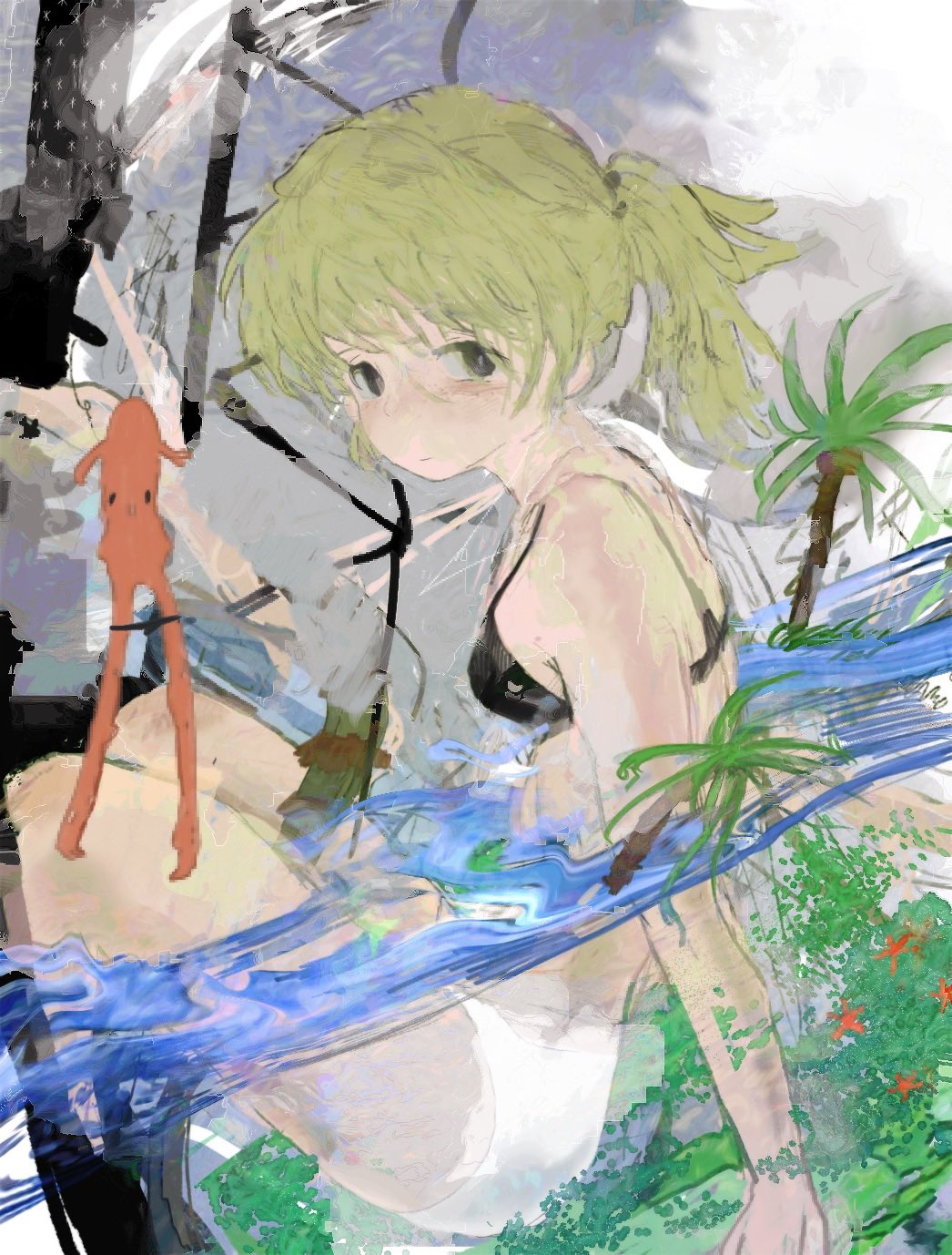 1girl bare_arms bare_legs bikini black_bikini black_eyes blonde_hair blush breasts closed_mouth faux_traditional_media green_hair highres looking_at_viewer mismatched_bikini original palm_tree partially_submerged pon_(pomplextwin) ponytail sitting solo swimsuit thighs tree water white_bikini