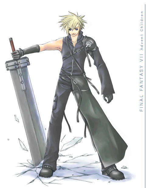 1boy armor asymmetrical_sleeves bad_id black_footwear black_gloves black_pants black_vest blonde_hair blue_eyes boots cloud_strife commentary_request copyright_name crack cracked_floor elbow_gloves final_fantasy final_fantasy_vii final_fantasy_vii_advent_children full_body gloves high_collar holding holding_sword holding_weapon looking_down male_focus pants pauldrons planted planted_sword rendezvous short_hair shoulder_armor shoulder_strap single_pauldron smile solo spiked_hair standing sword vest weapon white_background