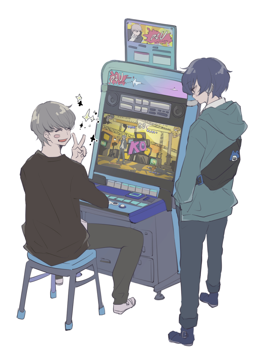 2boys arcade_cabinet black_shirt blue_hair blush closed_eyes dark_blue_hair expressionless facing_another fighting_game full_body grey_hair hanamura_yousuke hands_in_pockets happy headphones hood hoodie jack_frost k.o. looking_at_another male_focus multiple_boys narukami_yuu on_stool open_mouth persona persona_3 persona_4 persona_4:_the_ultimate_in_mayonaka_arena playing_games shirt short_hair simple_background sitting sparkle standing sumino_suito v white_background yuuki_makoto_(persona_3)