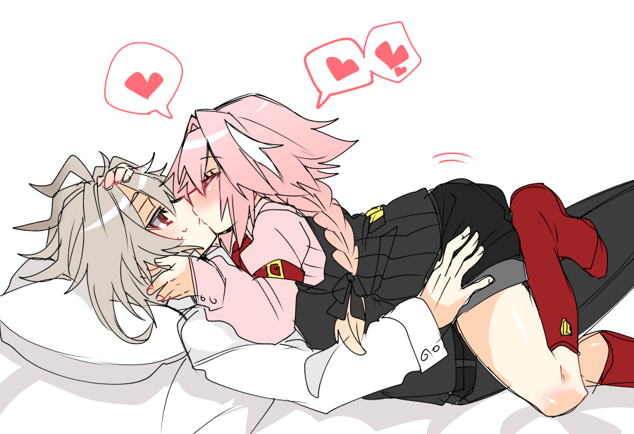 2boys ahoge alternate_hair_length alternate_hairstyle astolfo_(fate) black_bow black_pants black_shorts black_vest blush bow braid closed_eyes couple dress_shirt fate/apocrypha fate_(series) grey_hair hair_between_eyes hair_bow hair_intakes hand_on_another's_face hand_on_another's_head haoro head_on_pillow heart kiss kneehighs light_blush long_braid long_hair lying_on_person male_focus multicolored_hair multiple_boys on_bed otoko_no_ko pants pink_hair pink_shirt red_eyes red_socks shirt short_hair short_shorts shorts sieg_(fate) signature simple_background single_braid socks solo spoken_heart streaked_hair sweat thighhighs two-tone_hair vest white_background white_hair white_shirt yaoi