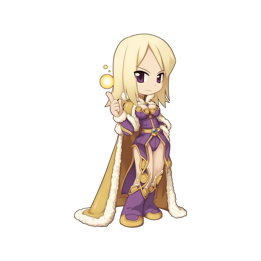 1girl blonde_hair book boots breasts brown_cape cape chibi cleavage closed_mouth dress full_body fur-trimmed_boots fur-trimmed_cape fur_trim grimoire hand_on_own_hip index_finger_raised long_hair looking_at_viewer magic medium_breasts official_art purple_dress purple_eyes purple_footwear ragnarok_online short_dress simple_background smile solo standing tachi-e transparent_background wizard_(ragnarok_online) yuichirou