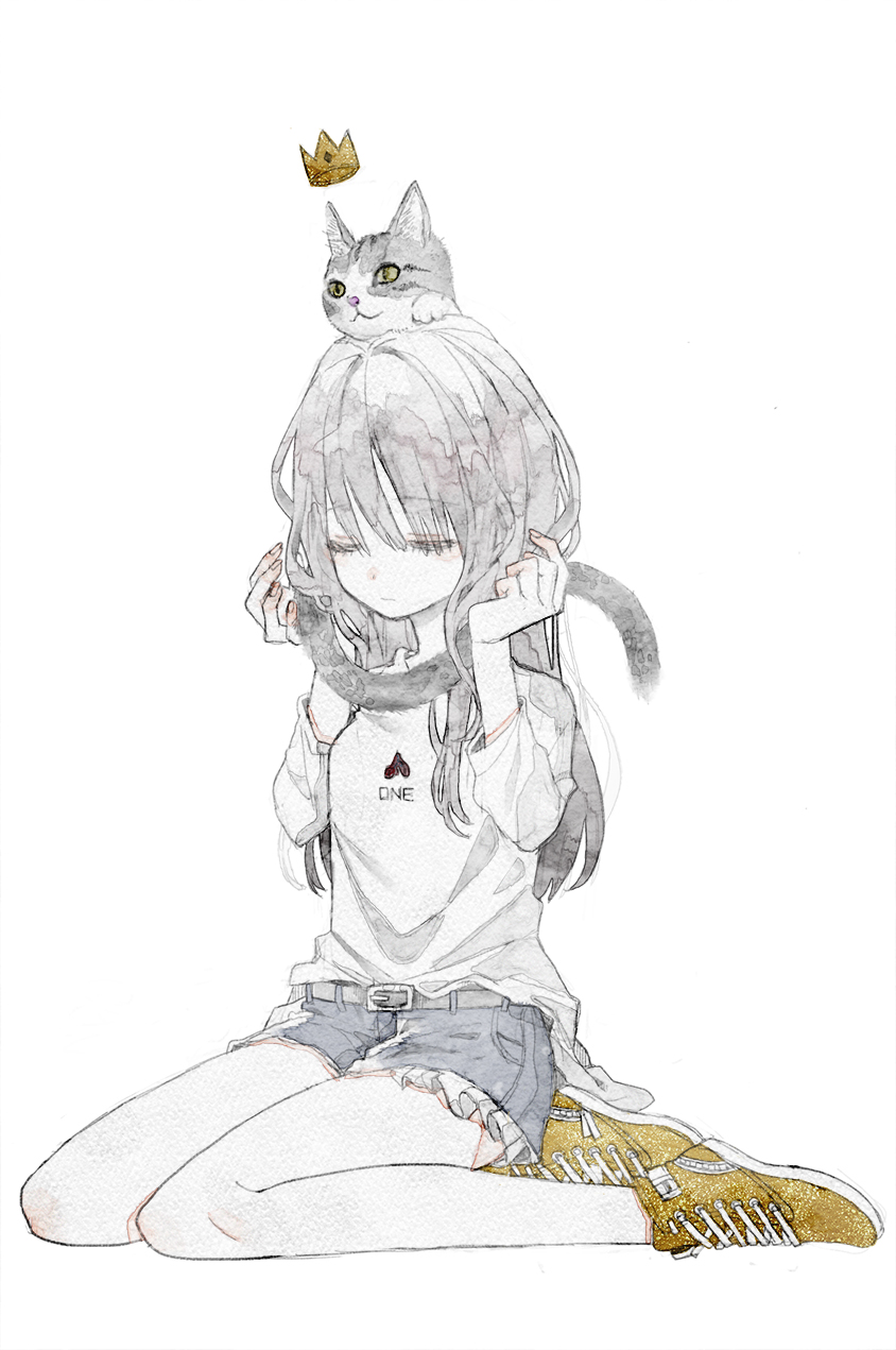 1girl animal animal_on_head bare_legs belt cat cat_on_head closed_eyes closed_mouth clothes_writing crown cutoffs denim denim_shorts full_body grey_hair hands_up highres holding long_hair long_sleeves on_head original oseto_(oxxsexxto) painting_(medium) pale_skin shirt shoes short_shorts shorts simple_background sitting solo traditional_media wariza watercolor_(medium) white_background white_shirt