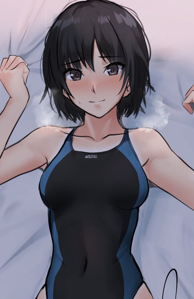 1girl amagami armpits bare_shoulders black_hair black_one-piece_swimsuit blue_one-piece_swimsuit blush breasts breath brown_eyes closed_mouth collarbone commentary competition_school_swimsuit competition_swimsuit covered_navel highleg highleg_swimsuit looking_at_viewer loose_hair_strand lying medium_breasts messy_hair nanasaki_ai nose_blush on_back on_bed one-piece_swimsuit school_swimsuit sheet_grab short_hair smile solo swimsuit two-tone_swimsuit upper_body w_arms yoo_tenchi