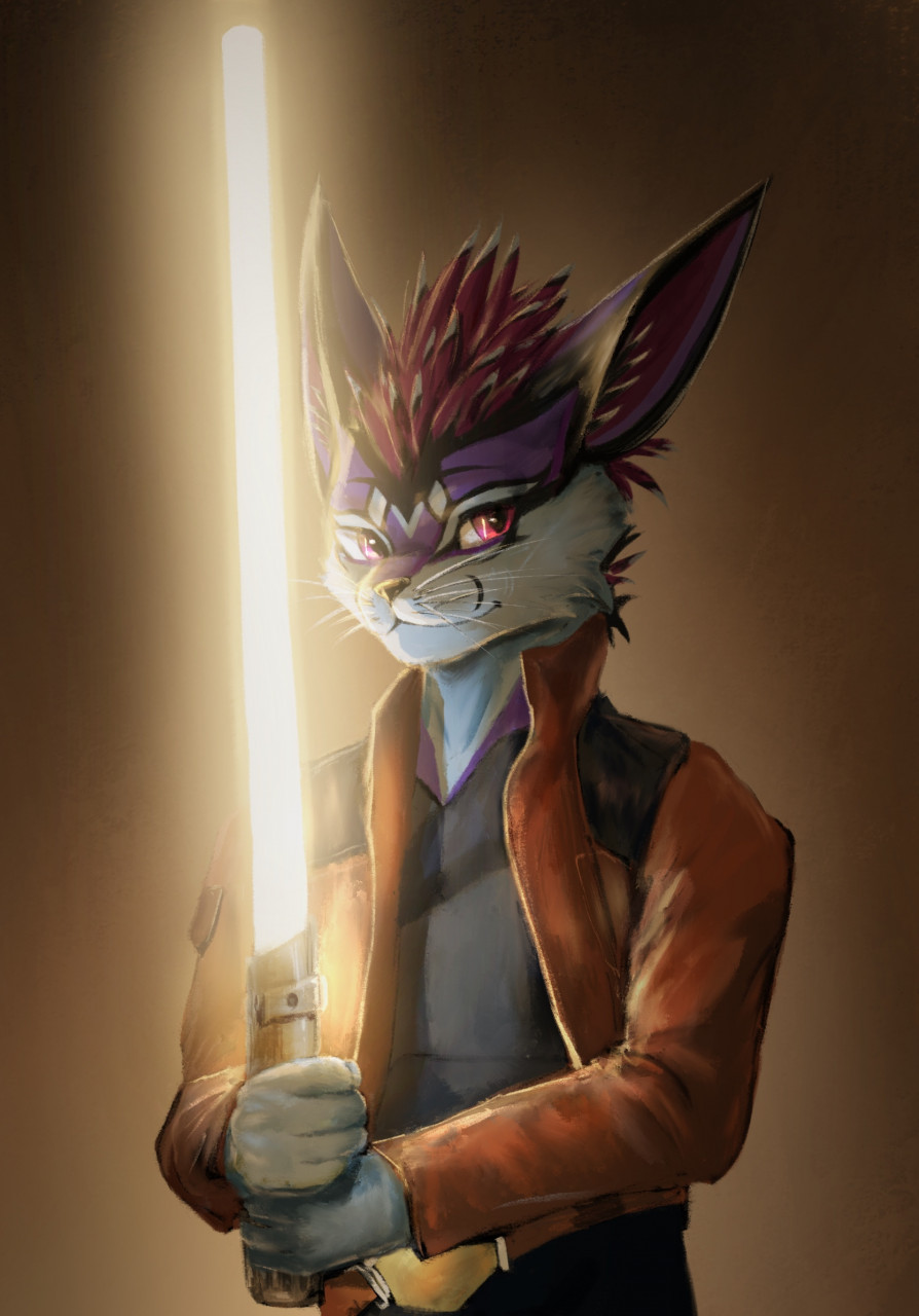 anthro blue_body canid canine fox han_solo hi_res lightsaber male mammal melee_weapon purple_body purple_eyes solo stampmats star_wars weapon