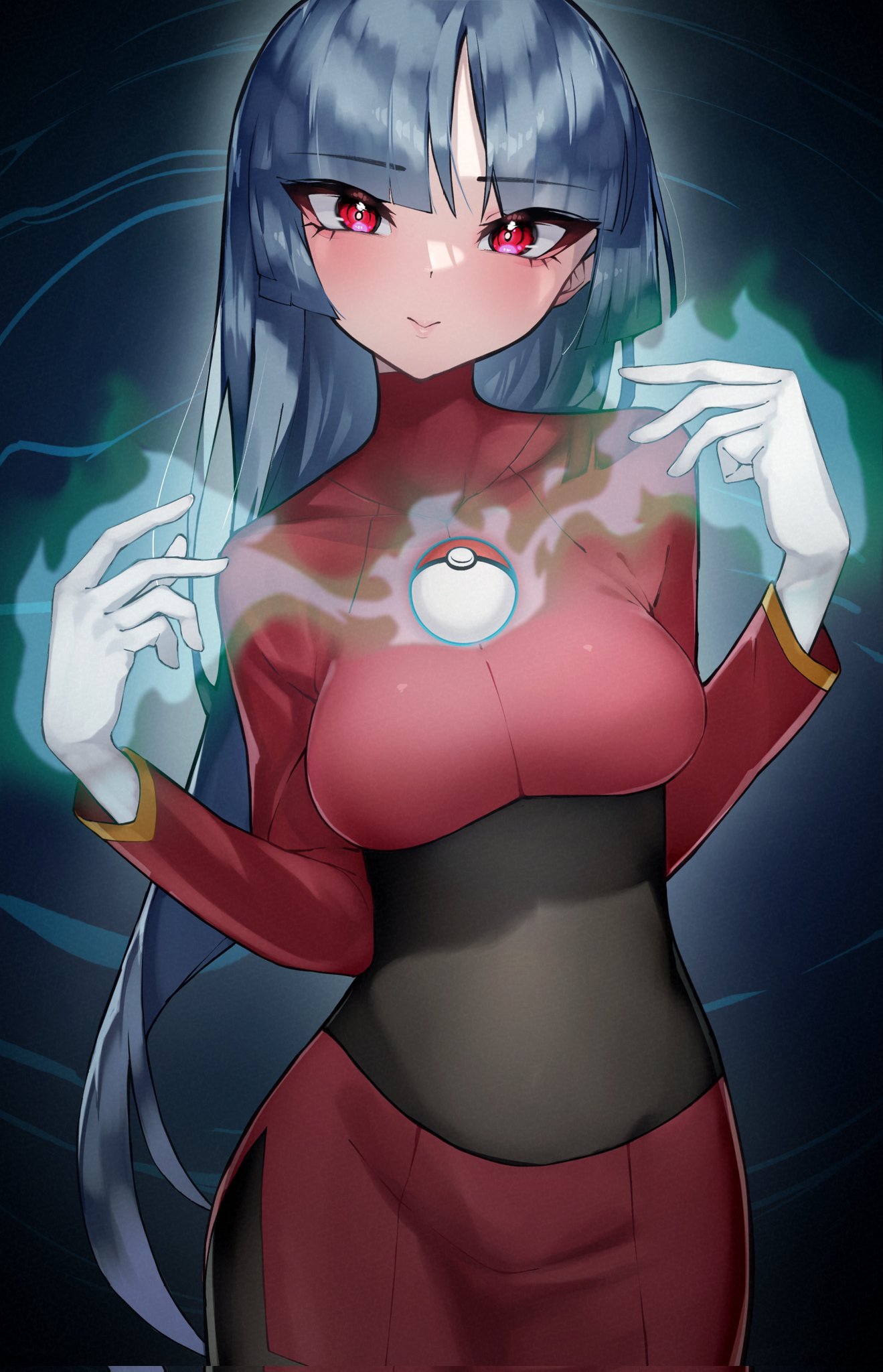 1girl black_bodysuit blue_hair blunt_bangs bodysuit bodysuit_under_clothes breasts crop_top cropped_jacket dark_blue_hair gloves highres hime_cut jacket large_breasts long_hair long_sleeves medium_breasts pantyhose pencil_skirt poke_ball poke_ball_(basic) pokemon pokemon_frlg red_eyes red_jacket red_skirt rindoriko sabrina_(pokemon) side_slit skirt solo telekinesis turtleneck turtleneck_jacket upper_body white_gloves