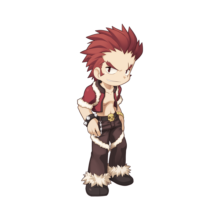 1boy abs belt black_belt black_footwear bracelet brown_pants chibi full_body fur-trimmed_jacket fur-trimmed_pants fur_trim grin hands_on_own_hips jacket jewelry male_focus official_art open_clothes open_jacket pants ragnarok_online red_eyes red_hair red_jacket rogue_(ragnarok_online) scar scar_across_eye shoes short_hair short_sleeves simple_background skull_belt smile solo spiked_bracelet spiked_hair spikes standing tachi-e transparent_background v-shaped_eyebrows yuichirou