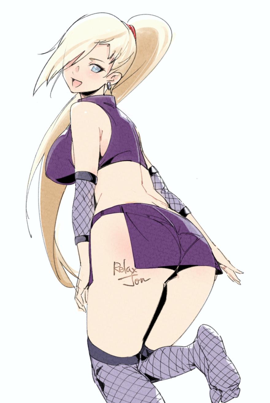 1girl ass bare_shoulders blonde_hair blue_eyes breasts crop_top earrings fishnets from_behind hair_over_one_eye high_ponytail highres jewelry large_breasts long_hair looking_at_viewer looking_back midriff naruto naruto_(series) open_mouth ponytail relaxjon simple_background skirt sleeveless smile solo standing thighhighs very_long_hair white_background yamanaka_ino