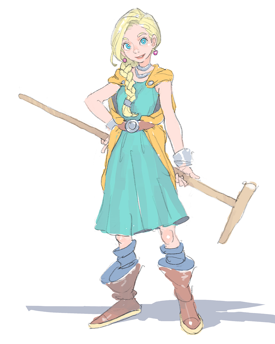 1girl aqua_dress belt bianca_(dq5) blonde_hair blue_eyes boots bracelet braid braided_ponytail brown_footwear cape choker commentary_request dragon_quest dragon_quest_v dress earrings full_body hair_over_shoulder hand_on_own_hip holding jewelry long_hair looking_at_viewer orange_cape parted_lips pomodorosa simple_background single_braid smile solo sphere_earrings standing white_background